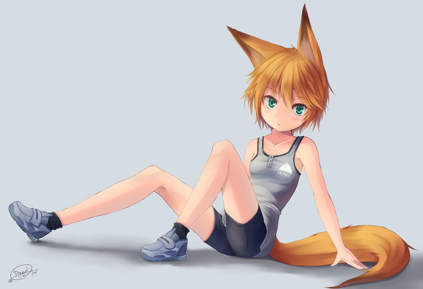 animal_ears arm_support bike_shorts breasts collarbone dreadtie fox_ears fox_tail green_eyes orange_hair original shoes short_hair signature sitting small_breasts sneakers socks solo tail tank_top