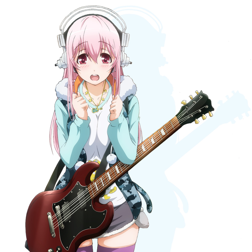 blush breasts electric_guitar guitar headphones highres instrument large_breasts long_hair looking_at_viewer nitroplus official_art open_mouth pink_hair purple_legwear raglan_sleeves red_eyes skindentation skirt smile solo soniani super_sonico tamura_masafumi thighhighs