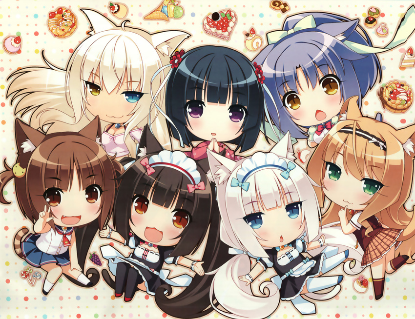 :3 :d :o absurdres ahoge animal_ears apron azuki_(sayori) bangs black_hair black_legwear blue_eyes blue_hair blunt_bangs blush bob_cut bow breasts brown_eyes brown_hair brown_legwear buttons cake candy cat_ears cat_hair_ornament cat_tail checkerboard_cookie cherry chestnut_mouth chibi chocola_(sayori) cinnamon_(sayori) cleavage coconut_(sayori) cookie dessert everyone fang finger_to_mouth flat_chest floating_hair flower food fruit grapes green_ice_cream hair_flower hair_ornament hair_ribbon hairband hand_on_own_knee hands_together heterochromia high_ponytail highres huge_filesize ice_cream ice_cream_cone japanese_clothes kimono kneehighs leaning_forward leg_lift lollipop long_hair looking_at_viewer low_twintails maid maid_headdress maple_(sayori) minazuki_shigure mittens multiple_girls neckerchief nekopara no_nose official_art open_mouth orange_hair outline outstretched_arms parted_bangs platinum_blonde_hair pleated_skirt polka_dot polka_dot_background ponytail puffy_short_sleeves puffy_sleeves purple_eyes ribbon ribbon_trim sayori scan school_uniform serafuku shirt short_sleeves shortcake sitting skirt sleeveless sleeveless_shirt slice_of_cake slit_pupils smile spread_arms standing standing_on_one_leg strawberry swiss_roll tail thighhighs triple_scoop twintails two_side_up v vanilla_(sayori) very_long_hair vest waffle_cone waist_apron white_hair white_legwear wrist_cuffs yellow_eyes