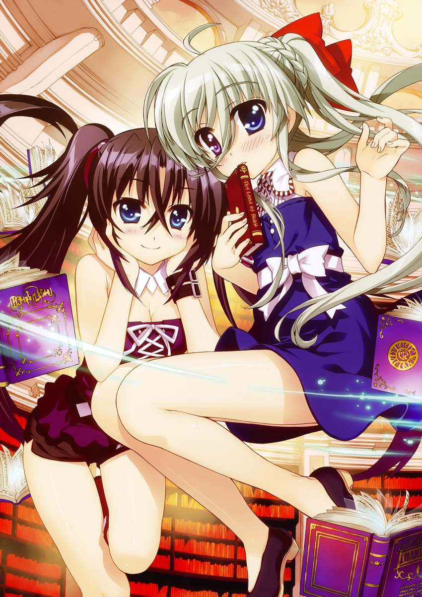 absurdres black_hair blue_eyes blush book bookshelf detached_collar dress einhart_stratos floating floating_book fujima_takuya green_hair hair_ribbon heterochromia highres huge_filesize library long_hair lyrical_nanoha mahou_shoujo_lyrical_nanoha_vivid multiple_girls purple_eyes ribbon scan shorts sieglinde_jeremiah smile twintails very_long_hair wrist_straps