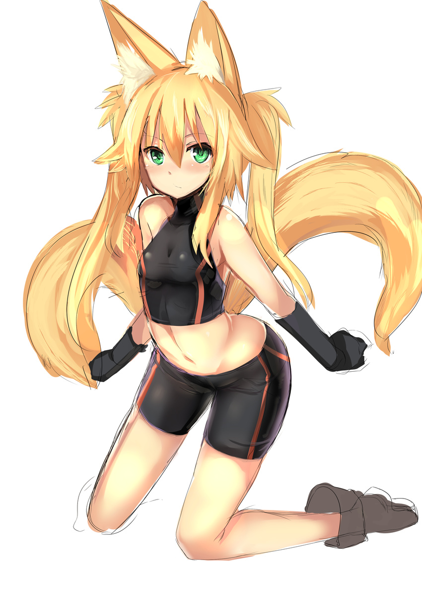 absurdres animal_ears bike_shorts blonde_hair blush boots breasts crop_top fox_ears fox_tail gloves green_eyes haik highres kneeling kokonoe_tsubaki long_hair looking_at_viewer midriff multiple_tails navel original simple_background sketch small_breasts solo tail twintails white_background