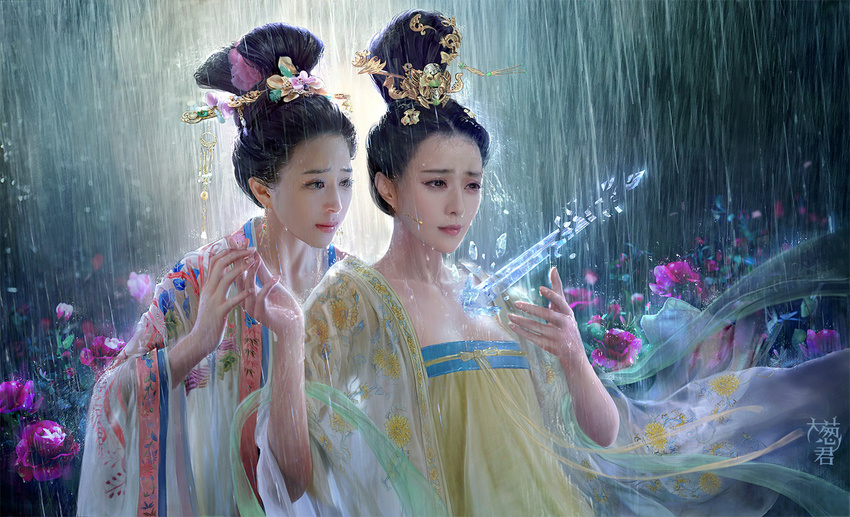 arrow asian black_eyes black_hair broken character_request chinese_clothes collarbone dainegikun earrings fan_bingbing floral_print flower gold hair_flower hair_ornament hair_stick hair_up hands hands_together ice jewelry lips lipstick long_sleeves makeup multiple_girls peony_(flower) primrose_(flower) rain real_life realistic rose touching wet wide_sleeves