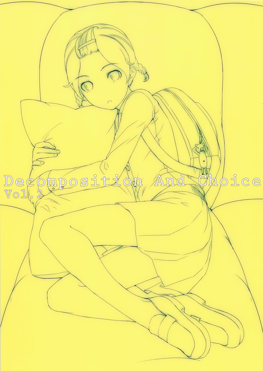 absurdres backpack bag hair_ornament hairclip highres legs looking_at_viewer lying monochrome non-web_source on_side original pillow pillow_hug scan short_hair skirt sody solo