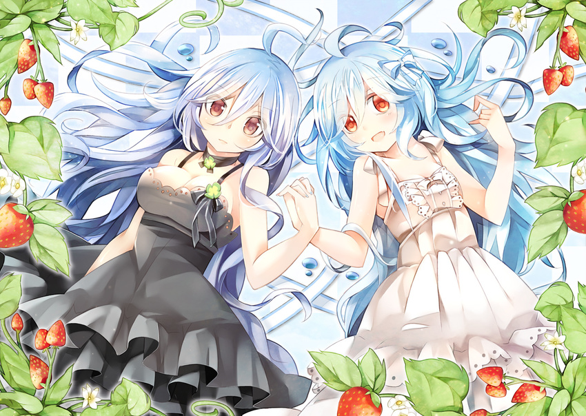 :d bare_arms bare_shoulders black_dress blue_hair breasts brown_eyes dress eyes_visible_through_hair food fruit hair_between_eyes holding_hands large_breasts looking_at_viewer lying multiple_girls on_back open_mouth original red_eyes ringpearl serious small_breasts smile strawberry white_dress