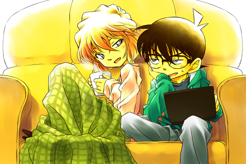 1girl asakuma bangs black_hair blanket blonde_hair blue_eyes blush bob_cut brown_hair collarbone computer couch cup edogawa_conan glasses haibara_ai hair_between_eyes half-closed_eyes hand_on_own_cheek head_rest holding holding_cup hood hood_down hooded_jacket jacket knees_up laptop long_sleeves looking_at_another meitantei_conan mug on_couch open_clothes open_jacket pants pants_rolled_up shirt short_hair sideways_glance sitting sleeves_rolled_up steam sweat t-shirt under_covers uneven_eyes