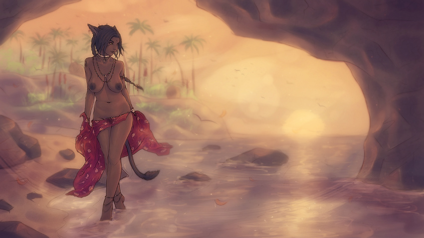 animal_ears anklet areolae arms_at_sides bad_id bad_pixiv_id barefoot beach bird black_hair braid breasts breasts_apart cat_ears cat_tail cave choker dark_nipples dark_skin facial_mark final_fantasy final_fantasy_xiv forehead_mark highres jewelry large_areolae long_hair looking_to_the_side medium_breasts miqo'te moderate_pubic_hair navel necklace nipples nude outdoors palm_tree pubic_hair rock sagging_breasts sarong see-through shawl single_braid solo soranamae sunset tail tiptoes topless tree wading walking water yellow_eyes