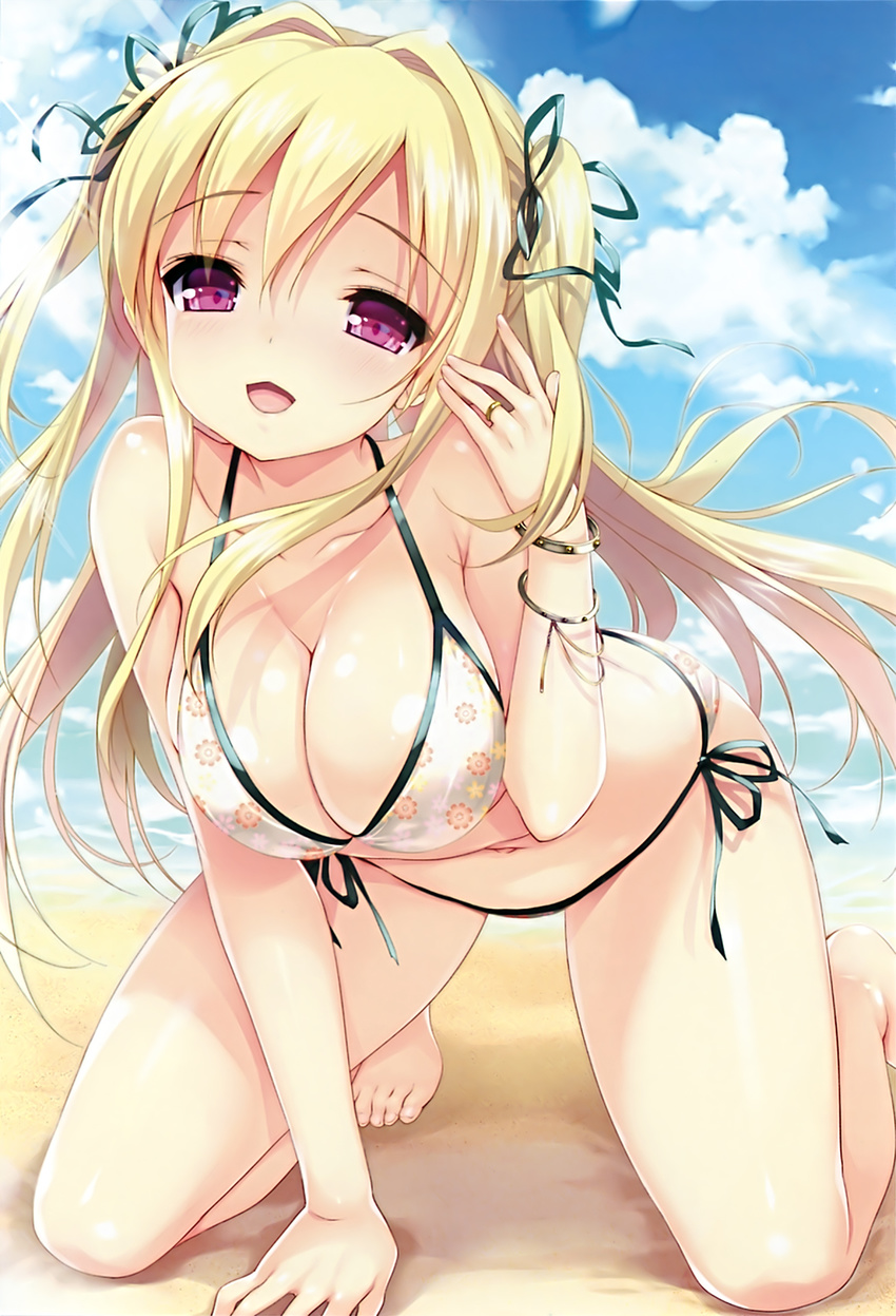all_fours barefoot beach bikini blonde_hair blush bracelet breasts cleavage cloud day emily_(pure_dream) hair_intakes hair_ribbon highres jewelry large_breasts long_hair looking_at_viewer navel open_mouth outdoors pink_eyes ribbon ring sand shiny shiny_skin sky solo swimsuit two_side_up wristband