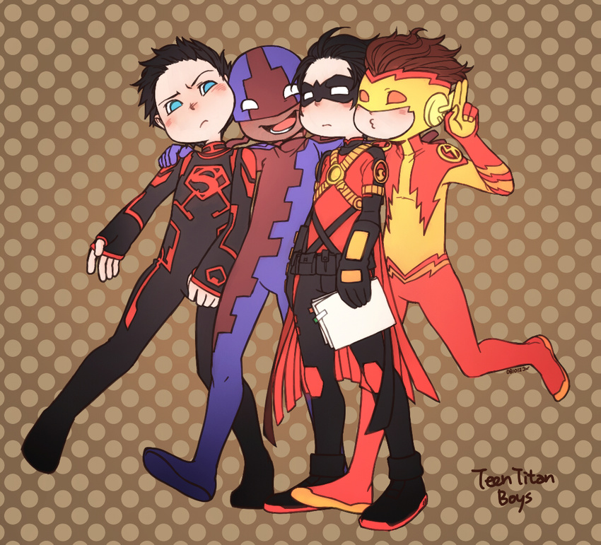 4boys bart_allen belt black_hair blue_eyes boots brown_hair bunker_(dc) cape dark_skin dc_comics domino_mask kid_flash knee_pads male_focus mask multiple_boys polka_dot_background red_robin s_shield smile superboy teen_titans tim_drake v