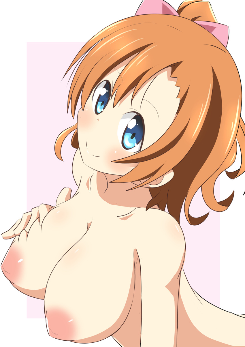 bad_id bad_pixiv_id blue_eyes blush breasts brown_hair highres inverted_nipples kousaka_honoka large_breasts looking_at_viewer love_live! love_live!_school_idol_project naruse_mai nipples nude revision smile solo