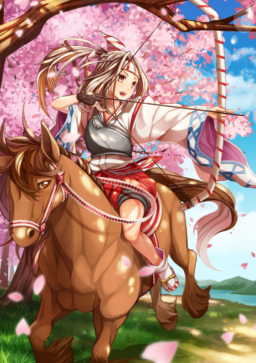 absurdres animal archery bow_(weapon) brown_eyes cherry_blossoms hachimaki headband high_ponytail highres horse horseback_riding japanese_clothes kantai_collection level_x_yuusha light_brown_hair long_hair muneate ponytail riding weapon zuihou_(kantai_collection)