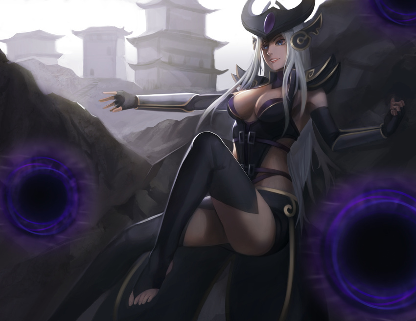 absurdres armor armpits barefoot black_gloves black_legwear blue_eyes breasts cleavage commentary_request ear_protection elbow_gloves energy_ball fingerless_gloves forehead_jewel forehead_protector gloves helmet highres hou_akira jewelry league_of_legends long_hair looking_away medium_breasts no_shoes parted_lips pauldrons silver_hair smile solo syndra thighhighs toeless_legwear vambraces