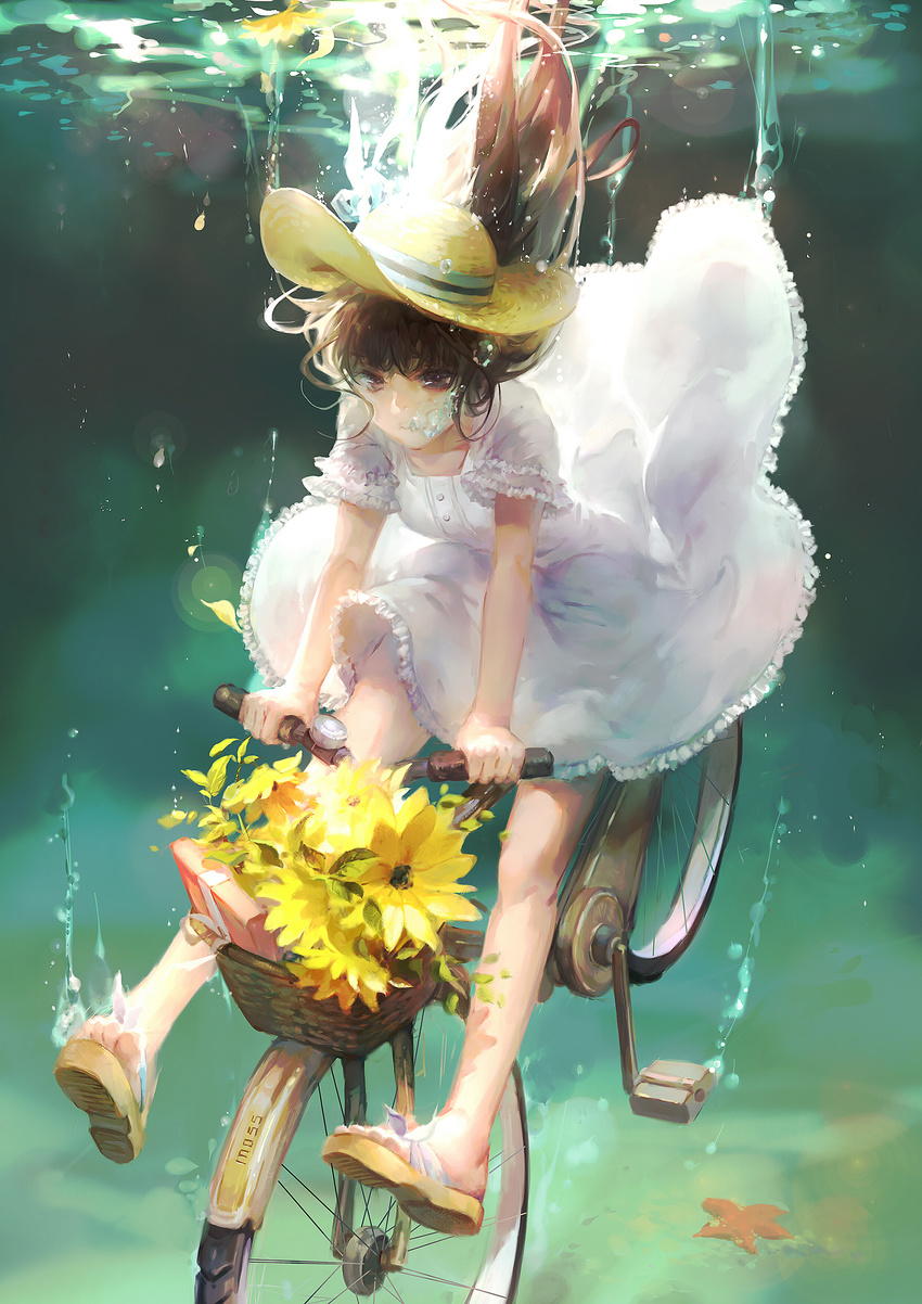absurdres air_bubble bicycle breath brown_eyes brown_hair bubble dress flower ground_vehicle hat highres holding_breath long_hair moss_(2225028) original sandals slippers solo submerged sunflower underwater