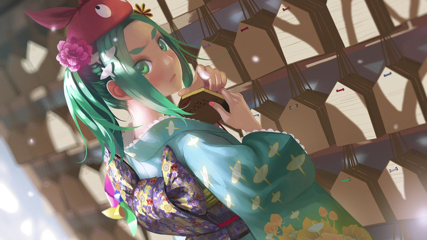 artist_request bakemonogatari bird_hair_ornament blurry depth_of_field dutch_angle ema end_card eyebrows floral_print flower from_behind from_side green_eyes green_hair hair_flower hair_ornament hairclip highres japanese_clothes kimono looking_at_viewer monogatari_(series) nail_polish nisemonogatari obi ononoki_yotsugi pink_nails pinwheel sash solo thick_eyebrows tsukimonogatari upper_body