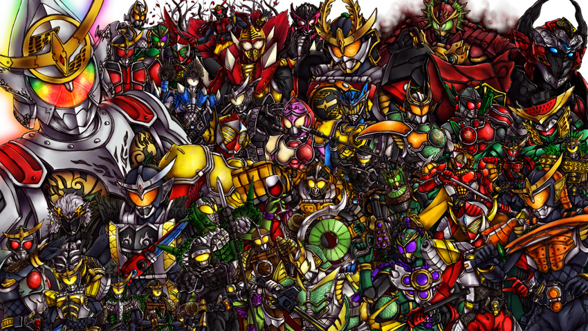 armor bow boxing_gloves chakram club cup drinking_glass glass hammer highres kamen_rider kamen_rider_baron kamen_rider_bravo kamen_rider_bujin_gaim kamen_rider_duke kamen_rider_fifteen kamen_rider_gaim kamen_rider_gaim_(series) kamen_rider_gridon kamen_rider_jam kamen_rider_kamuro kamen_rider_knuckle kamen_rider_kurokage kamen_rider_kurokage_shin kamen_rider_marika kamen_rider_mars kamen_rider_ryugen kamen_rider_sigurd kamen_rider_zangetsu kamen_rider_zangetsu_shin lance lord_baron mask mecha multiple_boys multiple_persona polearm rider_belt spear sword weapon wine_glass yusuki_(fukumen)