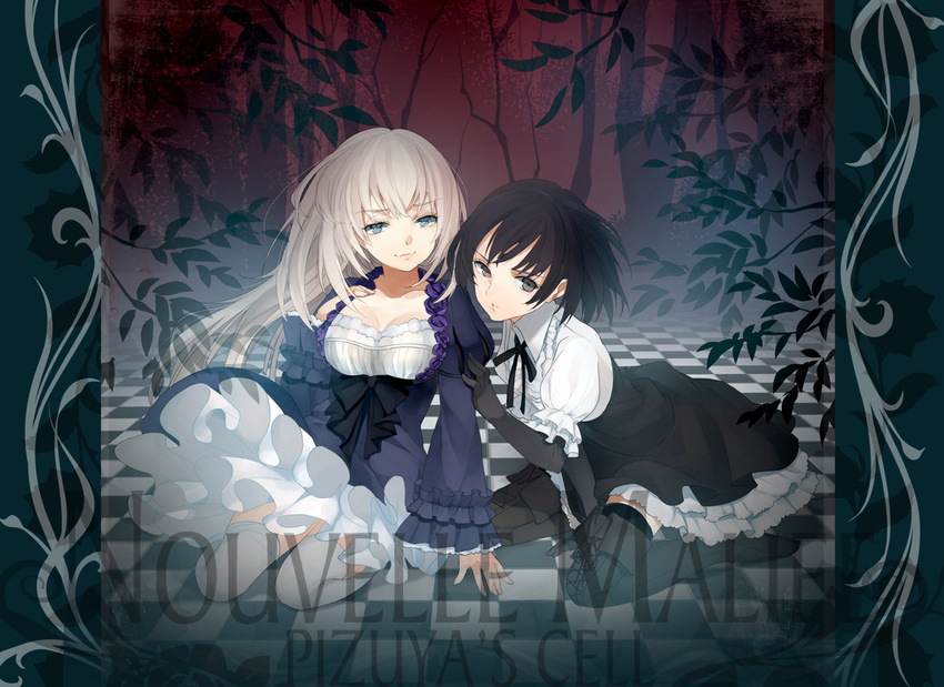 adapted_costume album_cover alternate_costume black_footwear black_gloves black_hair black_legwear blonde_hair blue_eyes boots bow breasts brown_eyes bunkyo_takemi checkered checkered_floor cleavage cover cross-laced_footwear dress gloves kneeling lace-up_boots large_breasts long_hair long_sleeves looking_at_viewer maribel_hearn multiple_girls no_hat no_headwear puffy_sleeves purple_dress shirt short_hair short_sleeves sitting skirt smile text_focus thigh_boots thighhighs touhou usami_renko white_legwear wide_sleeves zettai_ryouiki