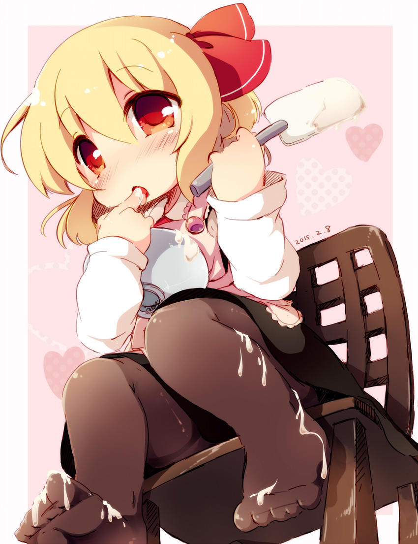 apron black_dress black_legwear blonde_hair blush bowl chair chocolate dress finger_licking finger_to_mouth hair_ribbon heart highres licking long_sleeves matatabi_(nigatsu) open_mouth pantyhose red_eyes ribbon rumia sexually_suggestive shirt sitting solo spatula spilling suggestive_fluid tongue tongue_out touhou white_chocolate