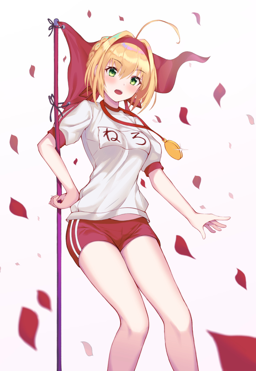 1girl ahoge blonde_hair braid character_name eyebrows_visible_through_hair fate/extra fate_(series) flag green_eyes gym_uniform hairband highres joo000118 looking_at_viewer nero_claudius_(fate) nero_claudius_(fate)_(all) open_mouth red_hairband red_shorts shirt short_hair short_shorts short_sleeves shorts simple_background solo standing white_background white_shirt