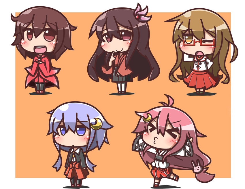 &gt;_&lt; :3 ahoge bangs blue_eyes blue_hair blush_stickers brown_eyes brown_hair bunny_hair_ornament chibi chitose_(kantai_collection) chitose_(kantai_collection)_(cosplay) closed_eyes commentary cosplay crescent crescent_hair_ornament feiton finger_to_mouth glasses hair_between_eyes hair_ornament highres houshou_(kantai_collection) houshou_(kantai_collection)_(cosplay) japanese_clothes jitome jun'you_(kantai_collection) jun'you_(kantai_collection)_(cosplay) kantai_collection kimono kisaragi_(kantai_collection) light_brown_eyes light_brown_hair long_hair long_sleeves looking_at_viewer looking_away low-tied_long_hair mochizuki_(kantai_collection) multiple_girls mutsuki_(kantai_collection) o3o one_eye_closed open_mouth orange_background outstretched_arms pink_hair ryuuhou_(kantai_collection) ryuuhou_(kantai_collection)_(cosplay) semi-rimless_eyewear short_hair short_hair_with_long_locks sidelocks simple_background sleeves_past_wrists smile spread_arms standing taigei_(kantai_collection) tareme uzuki_(kantai_collection) very_long_hair x3 yayoi_(kantai_collection) zuihou_(kantai_collection) zuihou_(kantai_collection)_(cosplay)