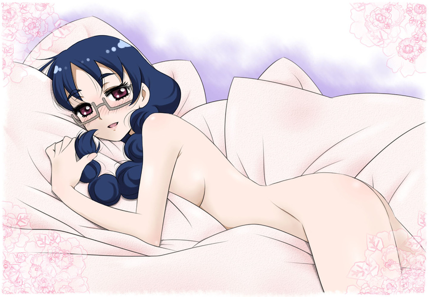 ass bed blue_hair blush braid breasts flower glasses go!_princess_precure gradient gradient_background hair_over_shoulder large_breasts long_hair looking_at_viewer lying nanase_yui nude on_stomach precure purple_eyes sabachiyo_land semi-rimless_eyewear single_braid smile solo under-rim_eyewear