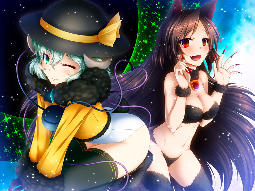 animal_ears black_legwear breasts brooch brown_hair cleavage eyeball fang fingernails fur goat green_eyes green_hair hat hat_ribbon highres horn imaizumi_kagerou jewelry komeiji_koishi large_breasts long_fingernails long_hair multiple_girls nail_polish navel nemachi_tsuki one_eye_closed open_mouth red_eyes ribbon short_hair smile swimsuit swimsuit_under_clothes tail thighhighs third_eye touhou very_long_hair wolf_ears wolf_tail