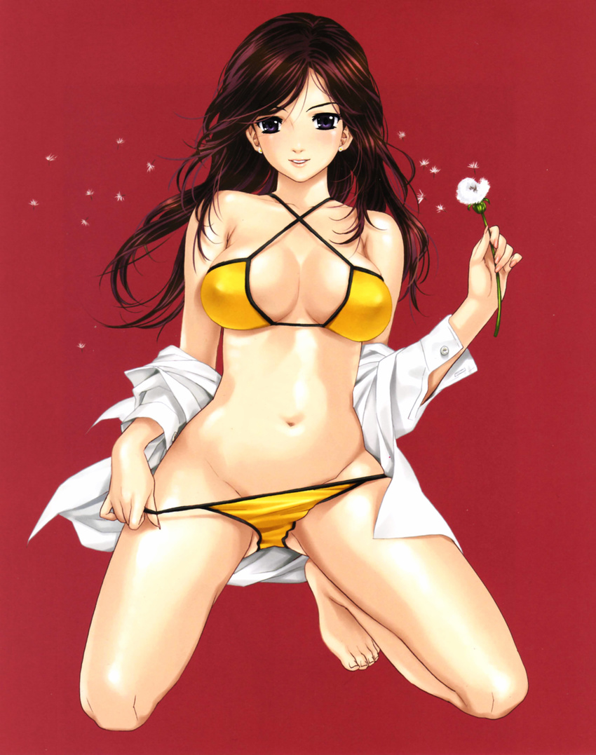 absurdres bad_id bad_yandere_id barefoot bikini bikini_under_clothes blush breasts brown_hair buttons cleavage criss-cross_halter dandelion dress_shirt dutch_angle earrings flower groin halter_top halterneck happoubi_jin highres jewelry kneeling large_breasts lips lipstick long_hair looking_at_viewer lowleg lowleg_bikini makeup navel off_shoulder open_clothes open_shirt panties panty_pull purple_eyes red_background scan shirt shirt_pull smile solo swimsuit swimsuit_under_clothes unbuttoned underwear wallpaper yellow_bikini