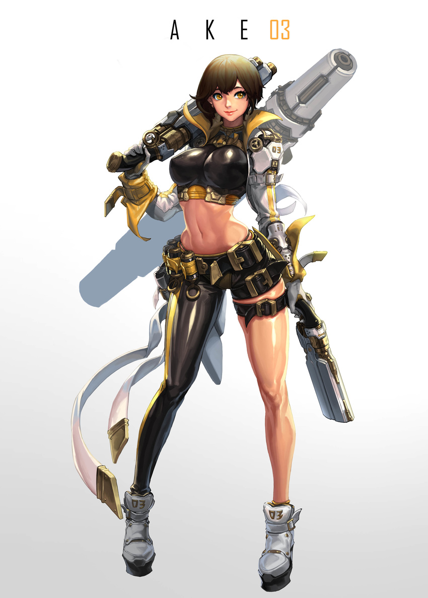 absurdres ammunition_pouch asymmetrical_legwear belt breasts brown_hair crop_top cropped_jacket daeho_cha dual_wielding gauntlets gun handgun highres holding large_breasts lips looking_at_viewer mecha_musume midriff original over_shoulder pistol pouch rocket_launcher shoulder_armor smile solo spaulders weapon weapon_over_shoulder yellow_eyes