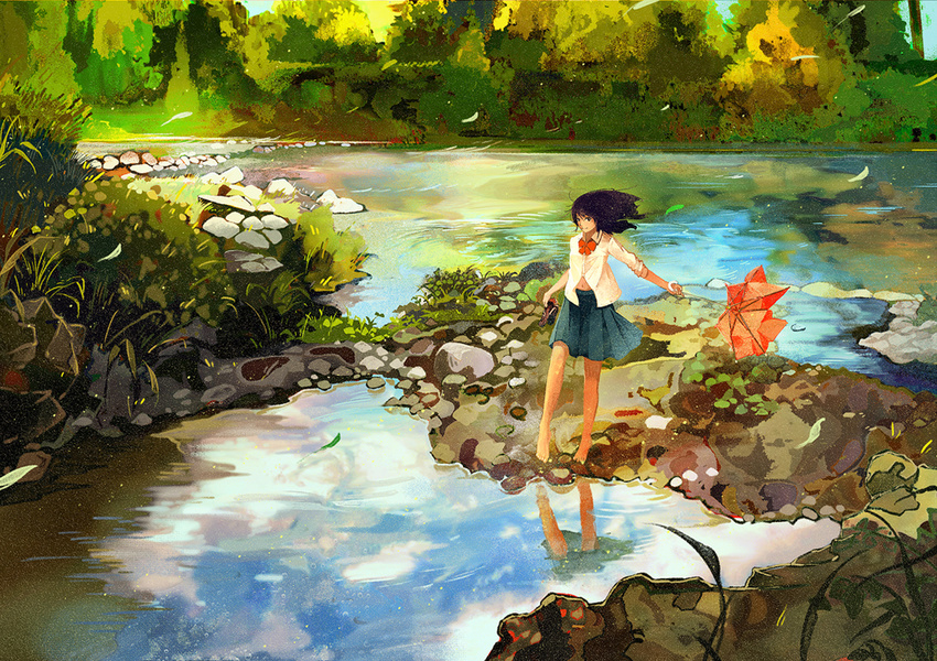 barefoot black_hair blouse bow bowtie gemi leaf long_hair long_sleeves navel original outdoors plant pleated_skirt reflection rock scenery skirt sleeves_pushed_up solo standing stream umbrella unbuttoned uniform water white_blouse wind