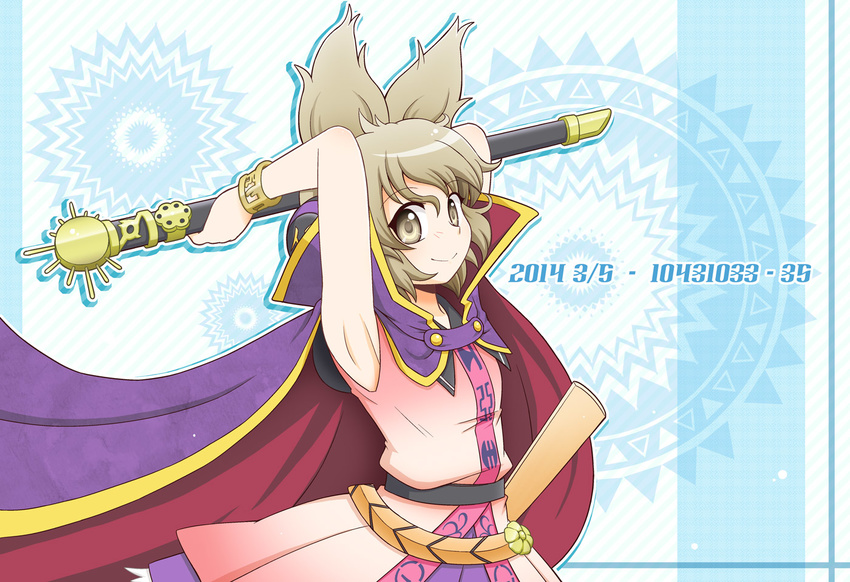 brown_eyes brown_hair cape character_name dress earmuffs jewelry manaka_(pdx) ritual_baton short_hair skirt sleeveless smile solo sword touhou toyosatomimi_no_miko weapon