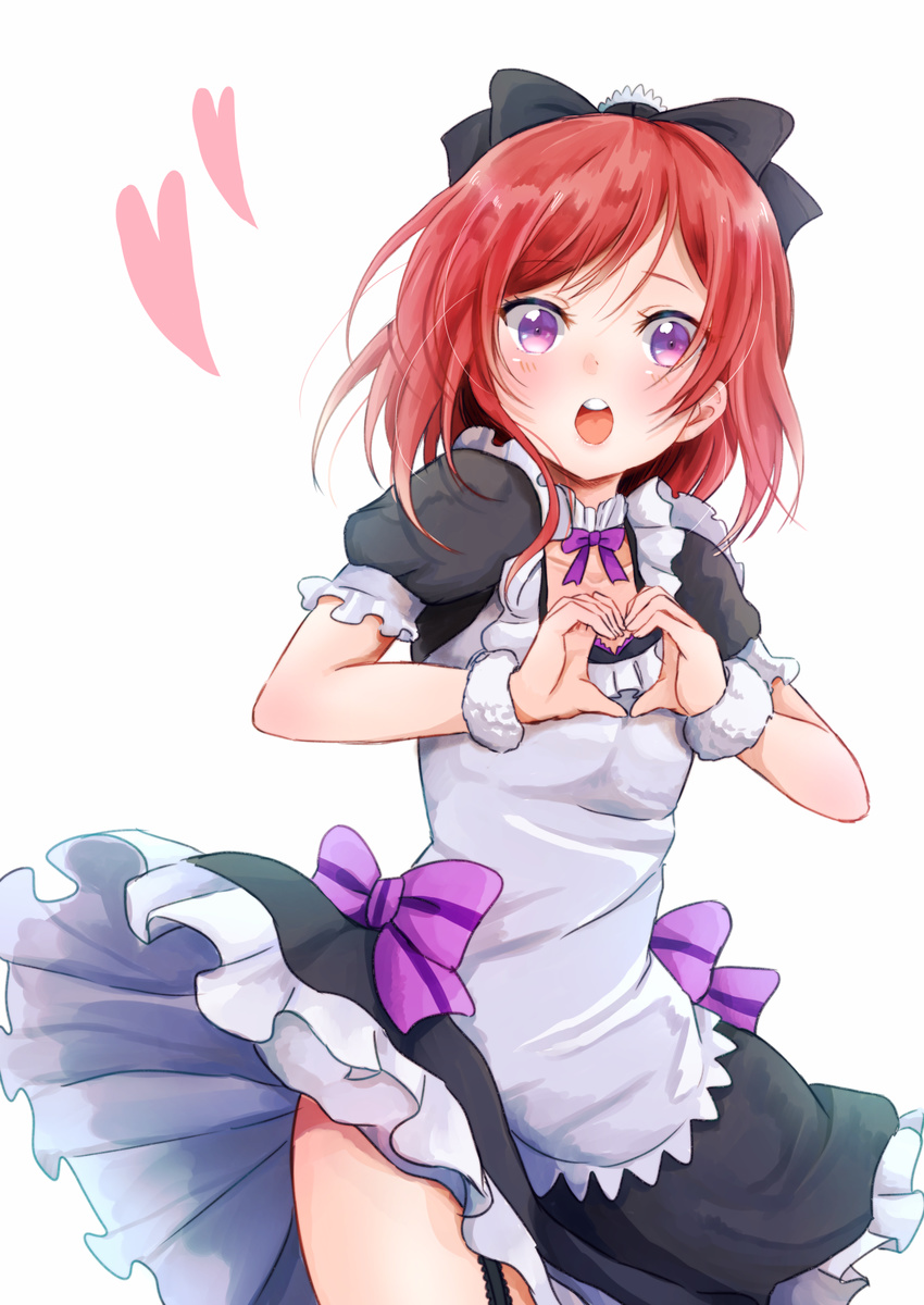 apron blush bow dress frilled_dress frills garter_straps hair_ribbon heart heart_hands highres looking_at_viewer love_live! love_live!_school_idol_project maid maid_apron maid_headdress moe_moe_kyun! mogyutto_"love"_de_sekkin_chuu! nishikino_maki open_mouth puffy_sleeves purple_eyes red_hair ribbon short_hair short_sleeves simple_background solo standing suito white_background wrist_cuffs