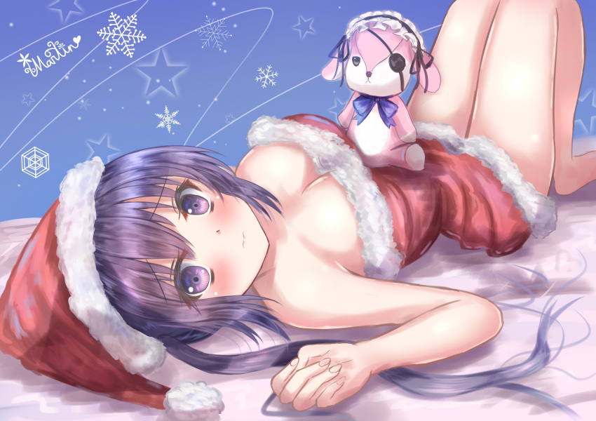 1girl absurdres artist_name barefoot bed_sheet black_ribbon blue_neckwear blush breasts cleavage dress fur-trimmed_dress fur-trimmed_hat gochuumon_wa_usagi_desu_ka? hat highres long_hair looking_at_viewer lying martinreaction medium_breasts on_back purple_eyes purple_hair purple_ribbon red_dress red_hat ribbon santa_costume santa_hat short_dress sleeveless sleeveless_dress snowflakes solo star striped striped_dress stuffed_animal stuffed_toy tedeza_rize twintails