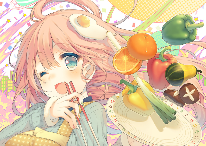 ;d apron bell_pepper brown_hair food fruit green_eyes long_hair one_eye_closed open_mouth orange original pepper plate polka_dot polka_dot_apron smile solo spring_onion yamcha_(cocololi)