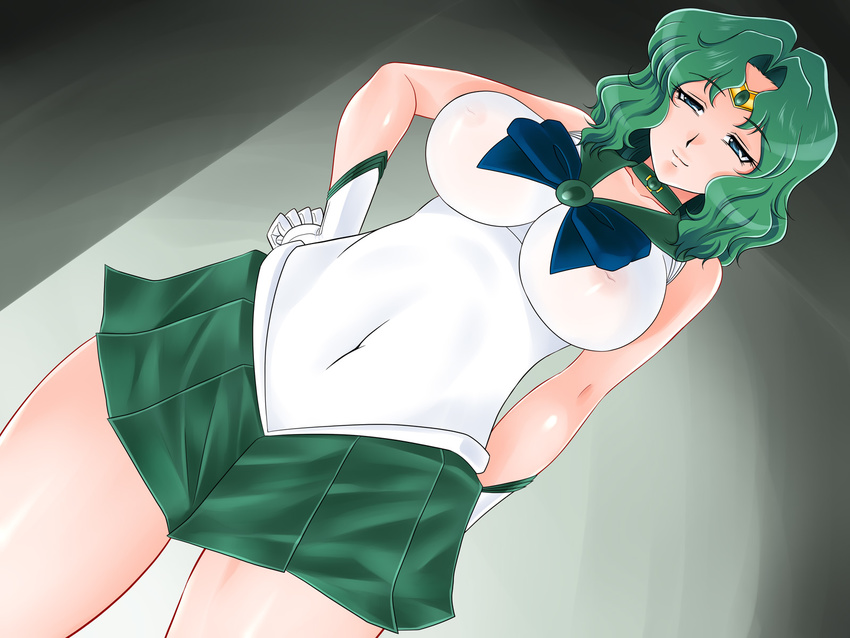 aqua_eyes bishoujo_senshi_sailor_moon breasts glamour_works gloves green_hair inverted_nipples kaiou_michiru large_breasts nipples sailor_neptune skirt smile tiara