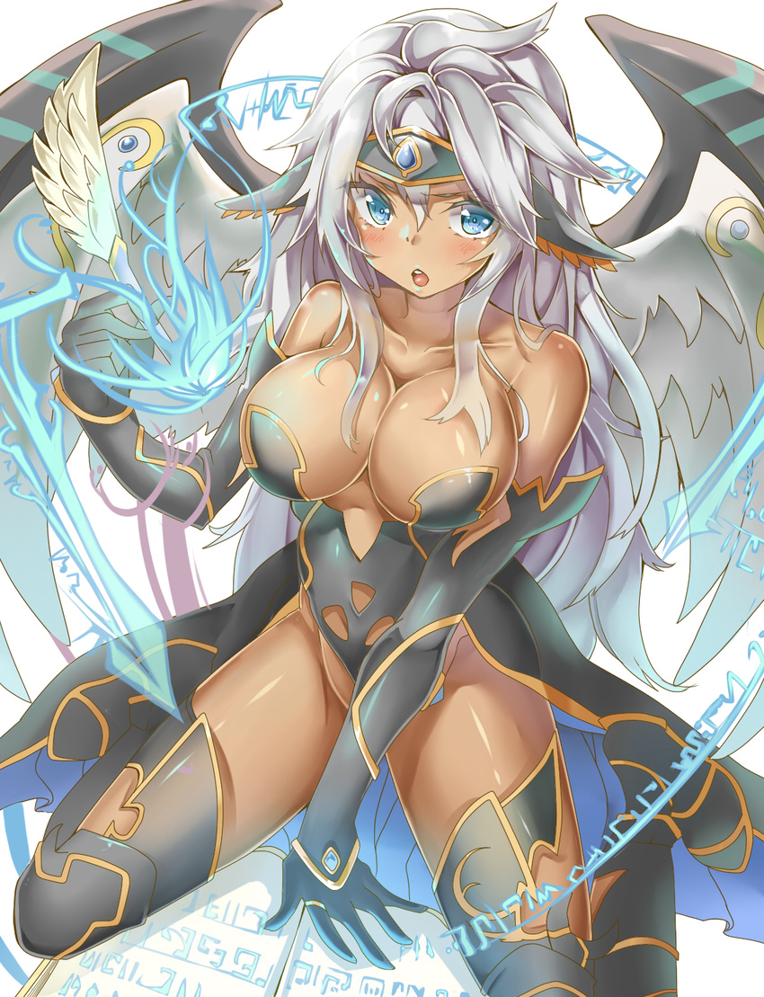 animal_ears blue_eyes breasts cleavage dark_angel_metatron_(p&amp;d) dark_skin elbow_gloves gloves highres kukkumann large_breasts long_hair open_mouth puzzle_&amp;_dragons silver_hair sitting solo thighhighs wariza wings