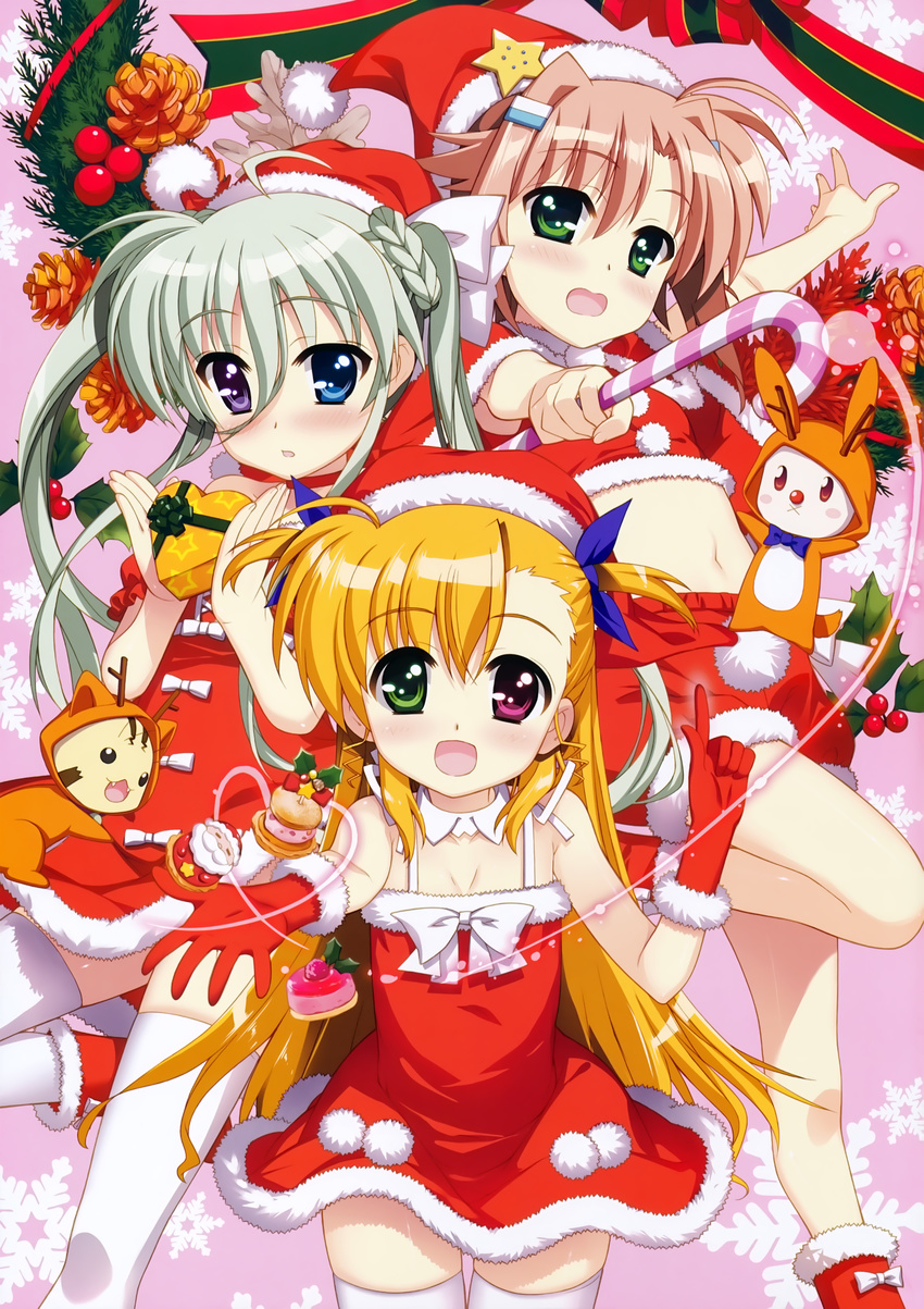 absurdres christmas einhart_stratos fujima_takuya happy heterochromia highres lyrical_nanoha mahou_shoujo_lyrical_nanoha_vivid miura_rinaldi multiple_girls scan thighhighs vivio