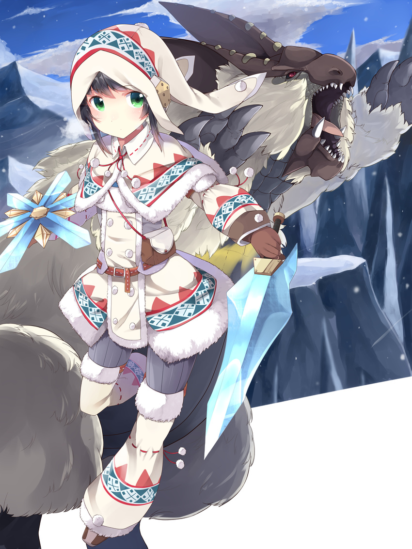 1girl abusoru black_hair capcom female green_eyes lagombi lagombi_(armor) monster monster_hunter monster_hunter_3_g open_mouth red_eyes shield snow sword teeth tongue