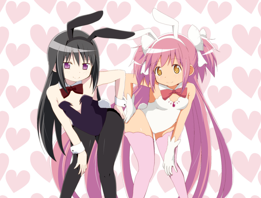 adapted_costume akemi_homura akuma_homura animal_ears bags_under_eyes black_hair bow bunny_ears bunny_tail bunnysuit detached_collar fake_animal_ears gloves hair_bow hairband hand_on_hip hand_on_own_knee heart heart_background kaname_madoka long_hair mahou_shoujo_madoka_magica mahou_shoujo_madoka_magica_movie multiple_girls pantyhose pink_hair purple_eyes shuruken_(yuumo) tail thighhighs two_side_up ultimate_madoka very_long_hair white_gloves wrist_cuffs yellow_eyes