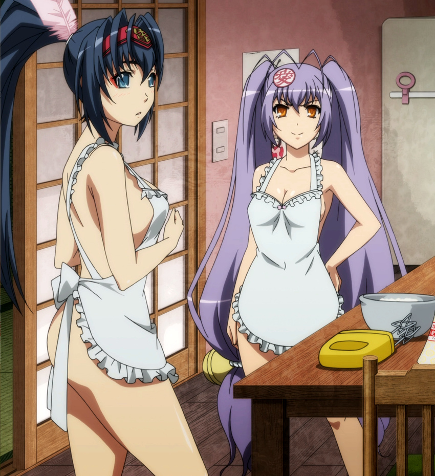 2girls apron ass blue_eyes blue_hair blush breasts cleavage highres hyakka_ryouran_samurai_girls long_hair looking_at_viewer multiple_girls naked_apron naoe_kanetsugu_(hyakka_ryouran) orange_eyes ponytail purple_hair screencap sideboob smile standing stitched twintails uesugi_kagekatsu_(hyakka_ryouran) very_long_hair