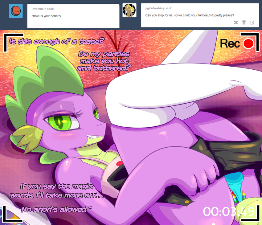 &lt;3 anal anal_penetration anthro askadolesentspikewebcam bulge buttplug clothing cute dragon english_text friendship_is_magic girly green_eyes green_scales grin half-closed_eyes legs_up legwear looking_at_viewer lying male my_little_pony older on_back panties penetration purple_scales scalie sex_toy shorts_down slit_pupils smile solo spike_(mlp) stockings teasing text thigh_highs underwear undressing