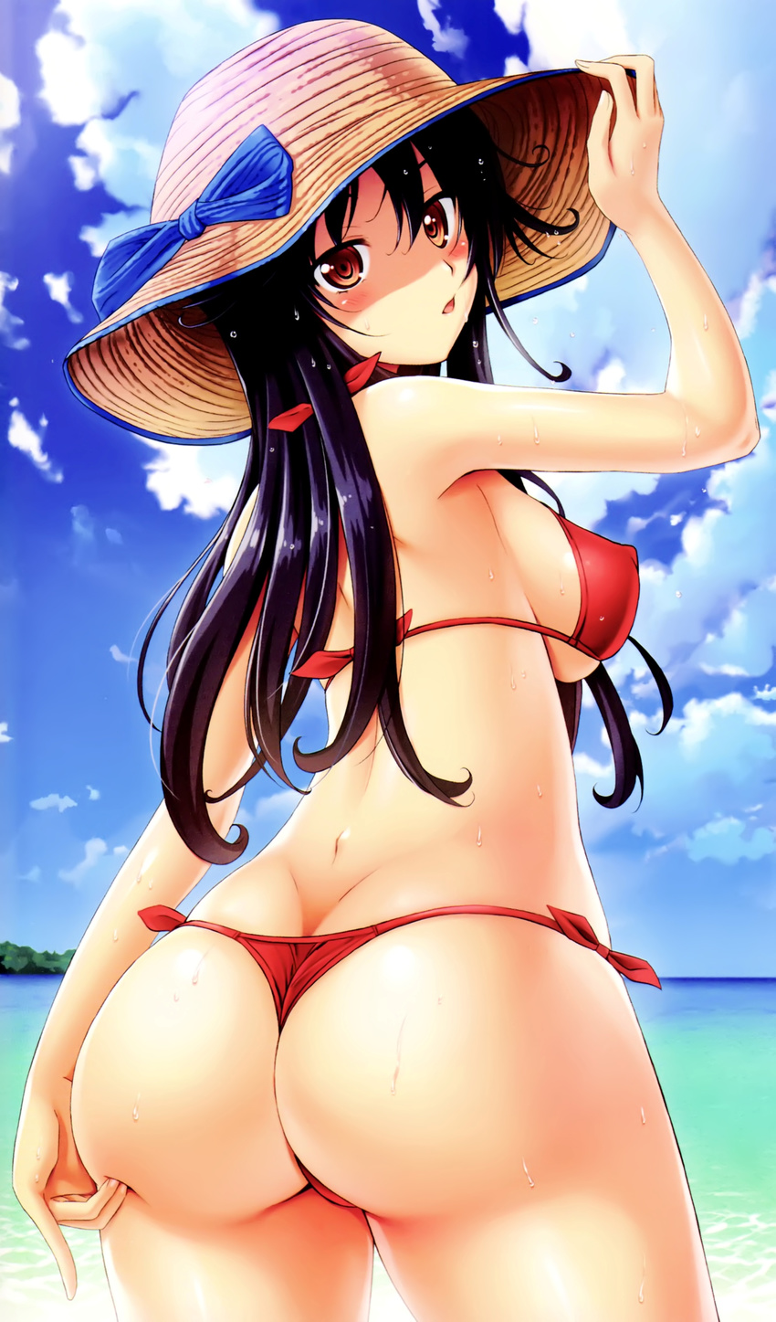 absurdres ass beach bikini black_hair breasts brown_eyes butt_crack covered_nipples d: day game_cg hat highres hisamekawa_shizuku large_breasts long_hair looking_at_viewer ocean open_mouth oshirikko_venus oshirikko_venus_2 red_bikini solo straw_hat sun_hat swimsuit thong_bikini toma_(asagayatei) wet