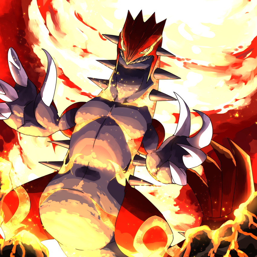 2015 ambiguous_gender butt claws feral fire groudon lava legendary_pok&eacute;mon looking_at_viewer looking_down markings mega_evolution nintendo pok&eacute;mon primal_groudon shadow sharp_teeth sky solo spikes teeth unknown_artist video_games