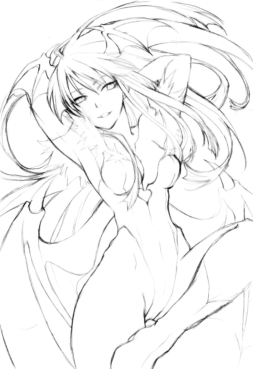 armpits bad_id bad_pixiv_id bat_wings boots breasts cleavage convoy_chouchou demon_girl elbow_gloves fingerless_gloves gloves graphite_(medium) greyscale head_wings highres leotard lineart long_hair medium_breasts monochrome morrigan_aensland pantyhose simple_background sketch solo succubus traditional_media vampire_(game) white_background wings