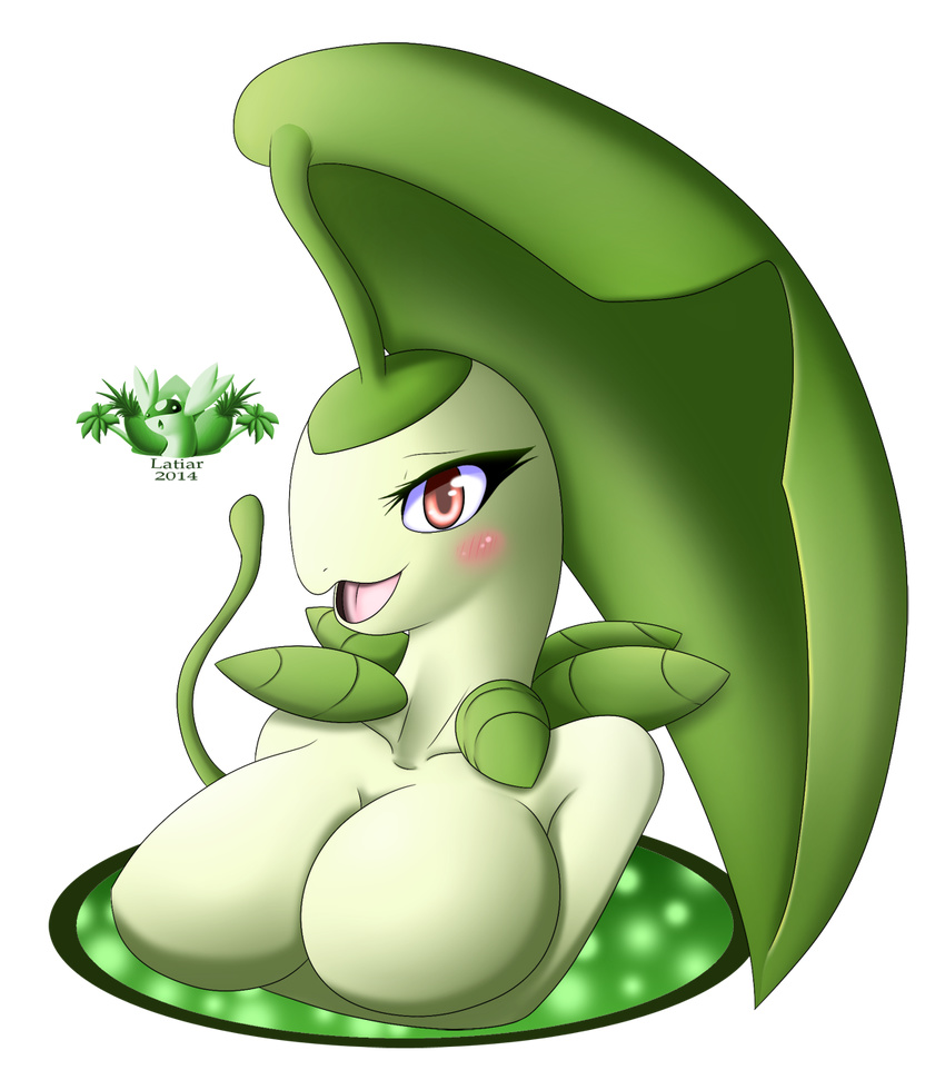 2014 anthro bayleef big_breasts blush breasts bust cute female green_skin latiar leaf looking_at_viewer nintendo nude open_mouth pok&eacute;mon pok&eacute;morph red_eyes solo tongue video_games