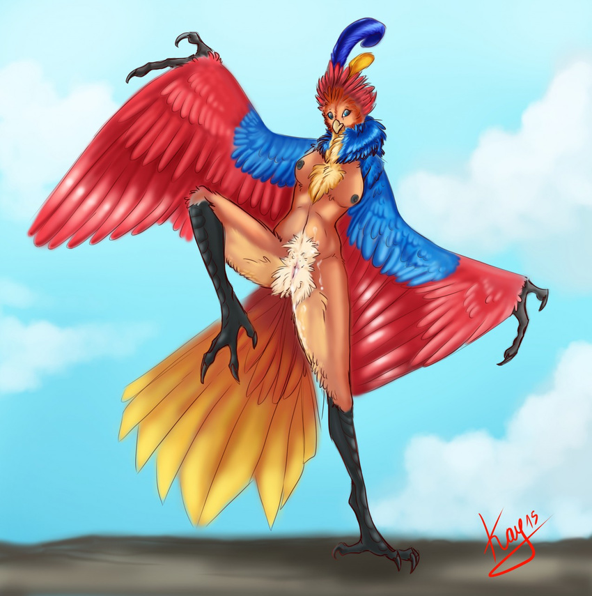 2015 avian beak blue_eyes breasts circe_the_harpy cum cum_on_pussy cum_on_stomach feathered_wings feathers female harpy low-angle_shot nipples non-mammal_breasts nude nyxapnea pussy solo spreading tail_feathers talons winged_arms wings