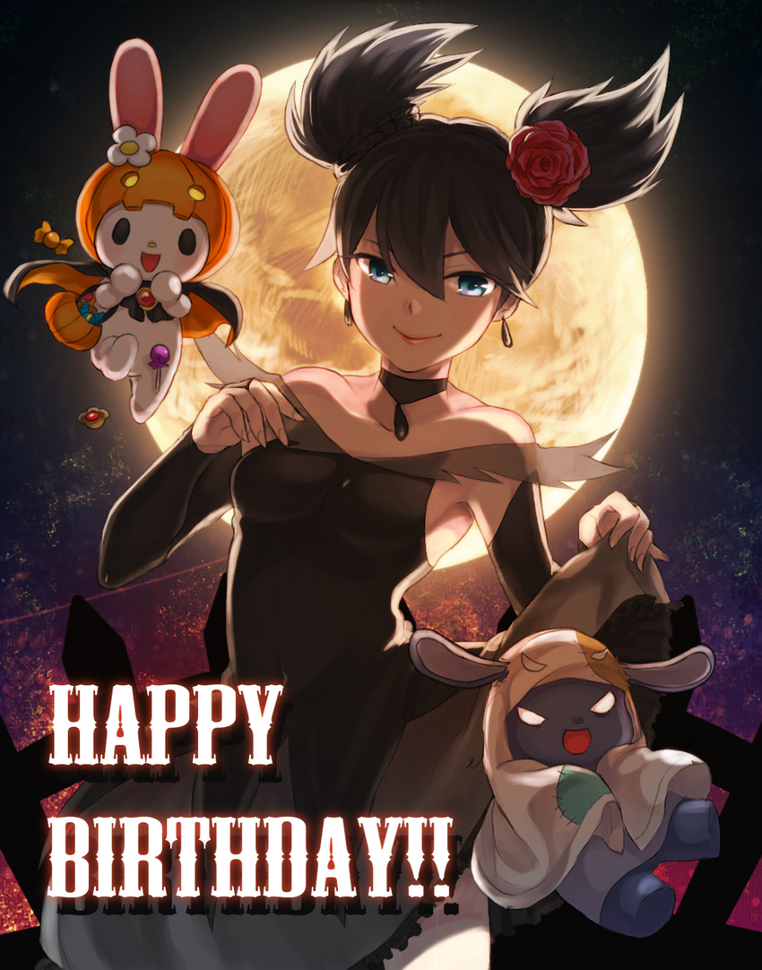 baku_(onegai_my_melody) bare_shoulders black_dress black_hair blue_eyes choker dress earrings flower ghost_costume hair_flower hair_ornament halloween happy_birthday highres jewelry kuromi kurumi_nui mino_(10m15k) my_melody onegai_my_melody pumpkin_costume rose short_hair smile solo twintails