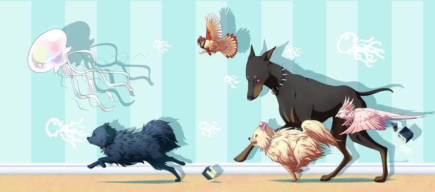ambiguous_gender avian beni_(dmmd) bird black_fur blue_eyes bow canine cardinal cardnial clara_(dmmd) collar cute dog dramatical_murder feathers female feral fur group jellyfish lagomorph male mammal marine necklace nitro+chiral open_mouth parrot rabbit red_eyes ren_(dmmd) size_difference skie_balloon smile tongue tongue_out tori_(dmmd) usagimodoki_(dmmd) video_games