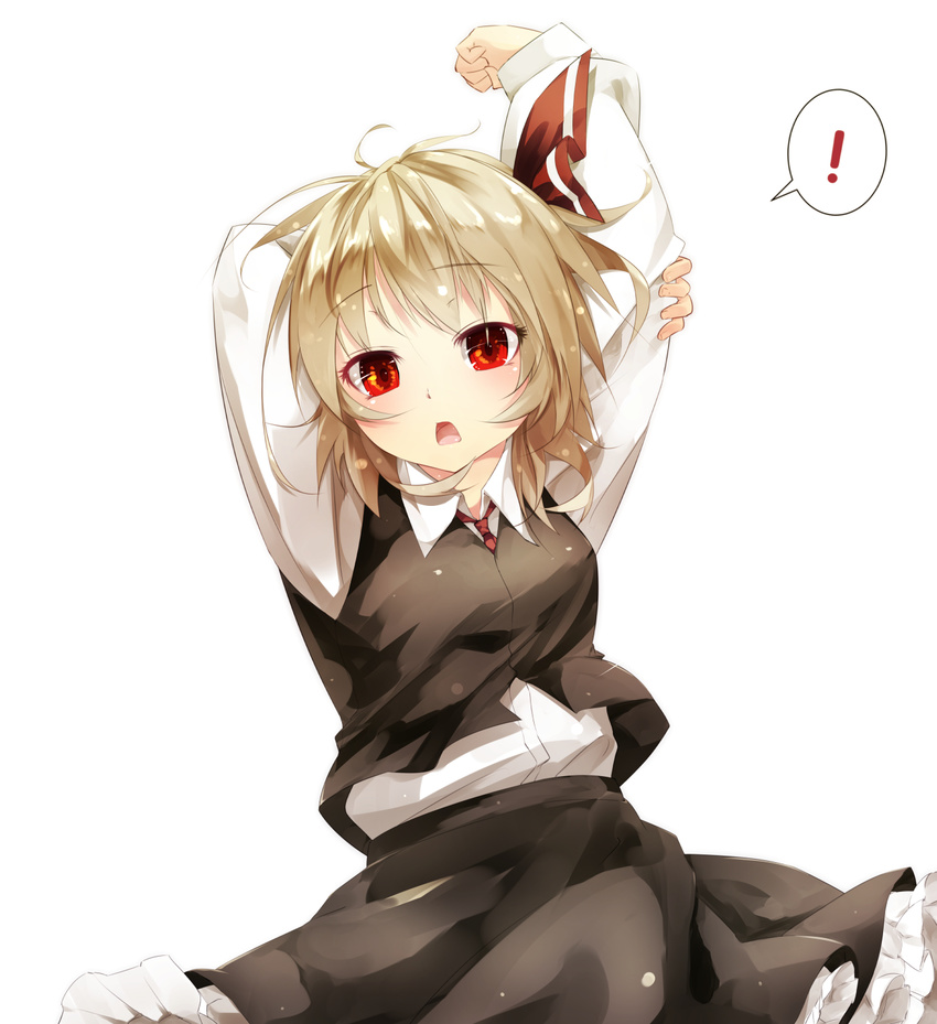 1girl arms_up blonde_hair d: dress_shirt gorilla_(bun0615) hair_ribbon highres long_hair looking_at_viewer necktie open_mouth red_eyes ribbon rumia shirt short_hair simple_background skirt solo spoken_exclamation_mark stretch touhou vest