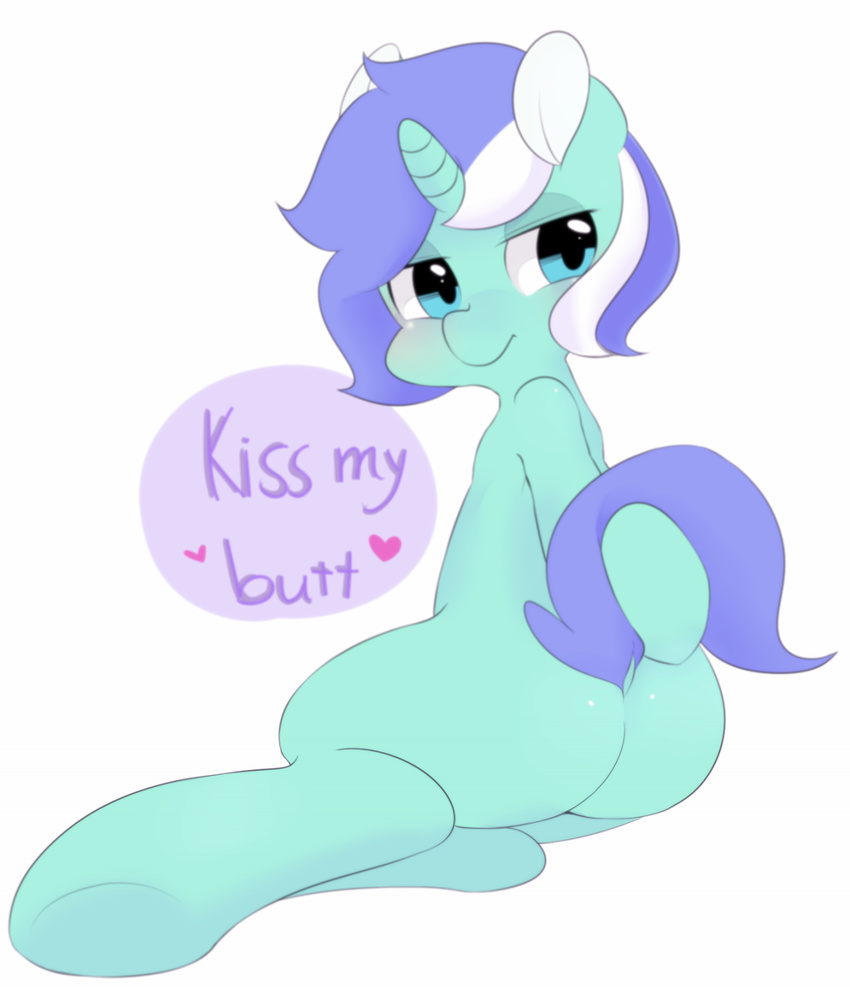 &lt;3 berseepon09 blue_eyes blush butt english_text equine female feral hair hooves horn horse mammal my_little_pony nude plain_background pon smile solo text two_tone_hair unicorn