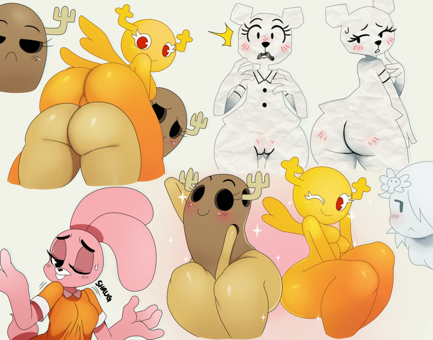 anais_watterson antlers big_butt blush breasts butt carrie_krueger female ghost group horn lagomorph looking_at_viewer looking_back mammal nude paper penny_fitzgerald pussy rabbit shape_shifter shocked smile spirit sssonic2 sweat sweatdrop teri the_amazing_world_of_gumball wings
