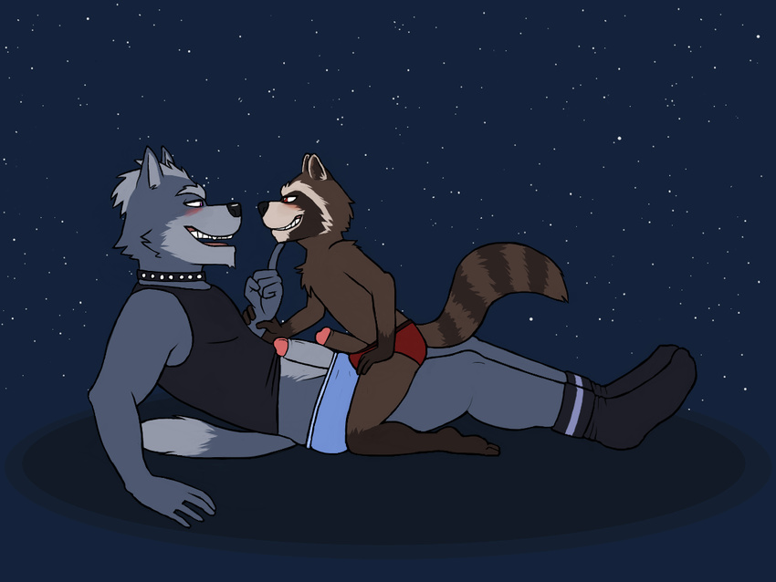 anthro blush canine clothing duo erection gay guardians_of_the_galaxy hicanyoumooforme male mammal marvel night nintendo penis raccoon rocket_raccoon star_fox video_games wolf wolf_o'donnell