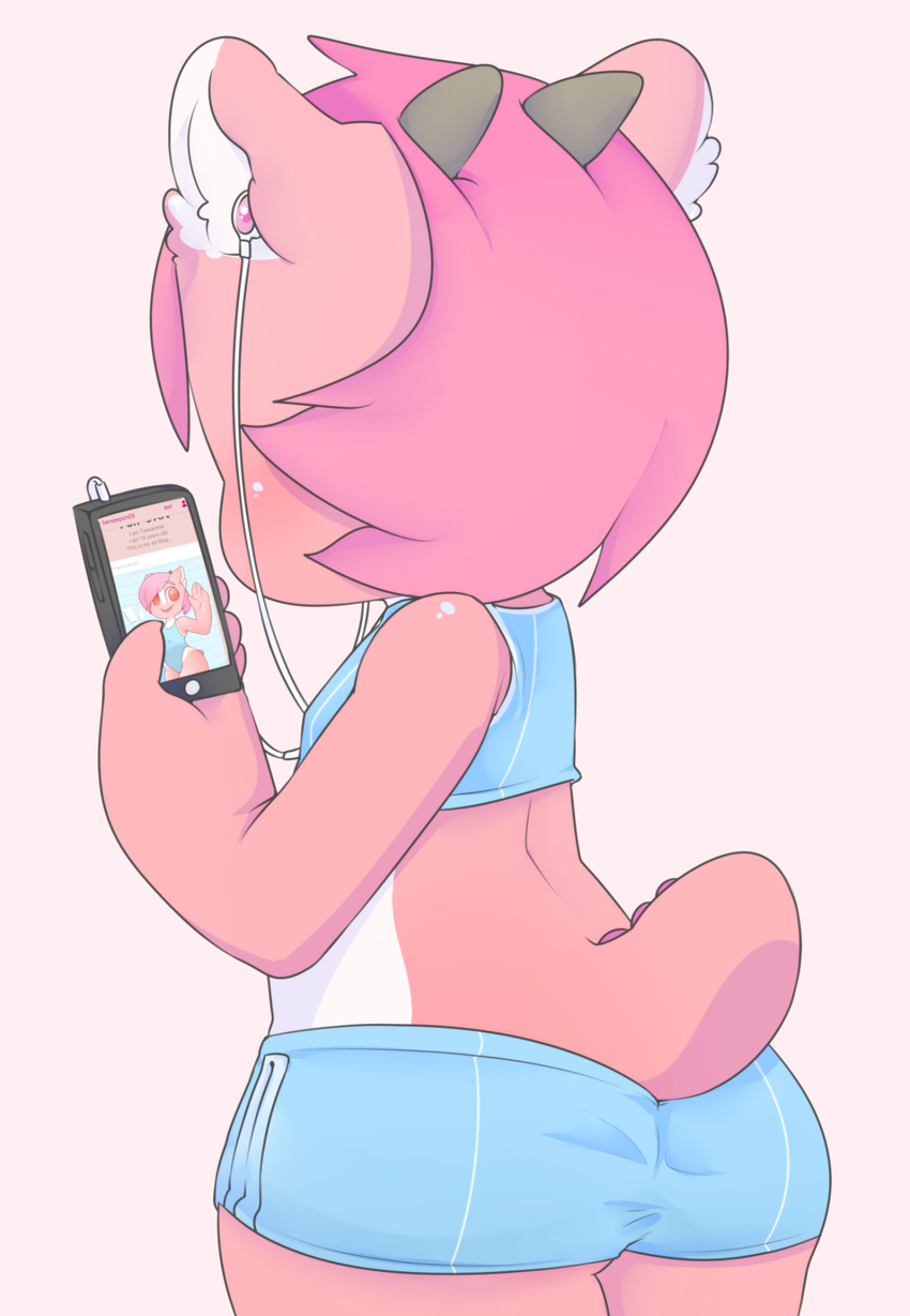 anthro berseepon09 butt clothed clothing dragon female hair headphones horn loli_dragon_(character) mammal phone pink_hair pink_skin plain_background scalie shorts solo sports_bra standing
